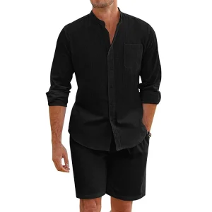 Cotton Linen Long Sleeve Shirt + Shorts Summer Men Two-Piece – Image 7