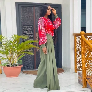 New Fashion Two Piece Set European and American Autumn Print Balloon Sleeve Shirt Wide-leg Pants Set – Image 5