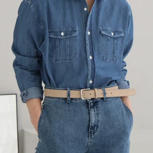 Denim shirts, men's long sleeves, spring and autumn fashion brands, handsome fried street casual shirts, Japanese workwear style tops, jackets – Image 3