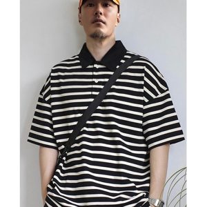 Striped polo shirt men's summer loose Japanese lapel short sleeve T-shirt trendy retro black and white half-sleeved cotton Paul