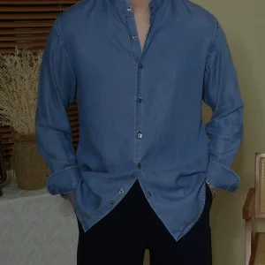 CHAT stand collar Tencel navy slim long sleeve casual denim shirt men's inch wear loose non-iron retro shirt – Image 4