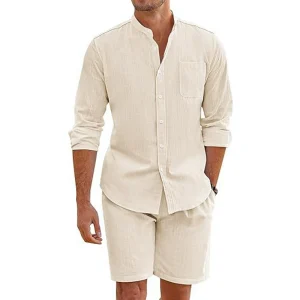 Cotton Linen Long Sleeve Shirt + Shorts Summer Men Two-Piece – Image 3