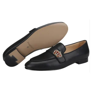 Black top cowhide men's slip-on loafers handmade small crown Indian silk wedding smoking shoes – Image 3