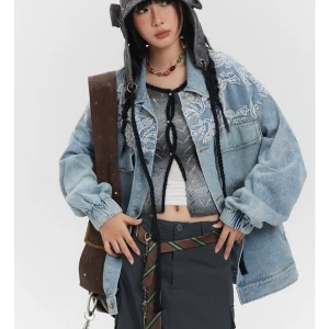GU LIANG "Designer Brand" good things select American cashew fruit flower lace stitched denim jacket trend – Image 6