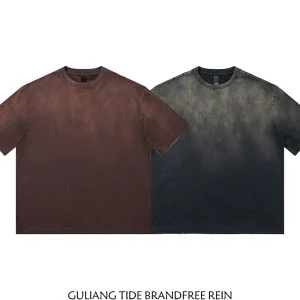 GU LIANG "Designer Brand" unisex 320G heavy washed distressed gradient versatile short sleeves – Image 3