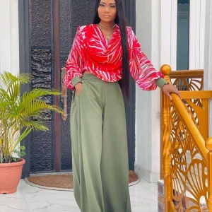 New Fashion Two Piece Set European and American Autumn Print Balloon Sleeve Shirt Wide-leg Pants Set – Image 3