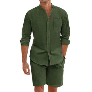 Cotton Linen Long Sleeve Shirt + Shorts Summer Men Two-Piece – Image 4