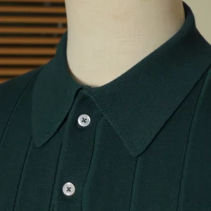 CHAT Large Neck Slim White Striped Short Sleeve Polo Shirt Men's Knitwear British Casual Green Lapel T-Shirt – Image 3