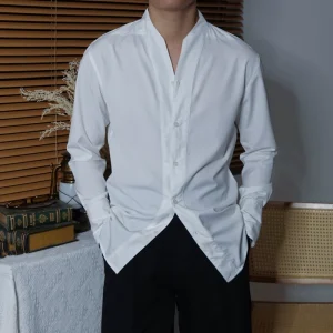 CHAT White V-Neck Slim Long Sleeve Casual Shirt Men's Inch Shirt British Design Gentleman No Ironing Premium Shirt – Image 5