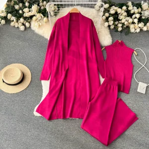Fall new lazy loose knitted suit women's long shawl cardigan + turtleneck sweater + wide leg pants three-piece set – Image 3