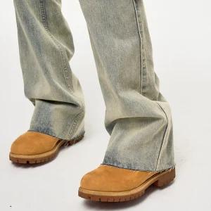 CWHAT high street detachable leather chain tie yellow wash distressed casual relaxed straight-leg raw-hem jeans – Image 6