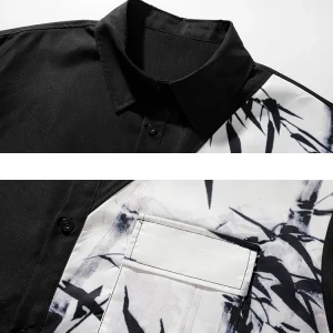 NASA co-branded Chinese style ink painting bamboo long-sleeved shirt men's spring and autumn stitching trend loose shirt jacket – Image 5