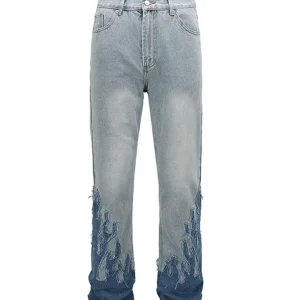CWHAT high street gallery style dept distressed cuffs flame patch micro flared jeans men's underwear – Image 4