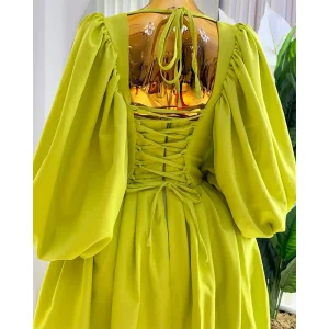 European and American women's clothing 2024 autumn new sweet and fresh square neck tunic tie balloon sleeve A-line dress long skirt – Image 3