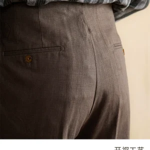Mr. Lusan summer gentleman Hollywood high-waisted straight pants cotton + 50% hemp breathable adjustment buckle casual pants men – Image 3