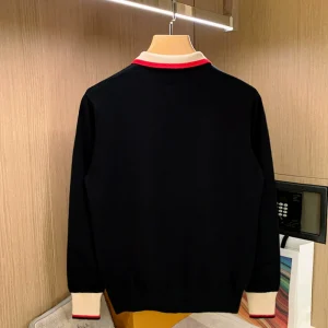 European station fashion brand men's personality color-blocked polo shirt men's long-sleeved bee embroidery high-end black lapel knit – Image 3