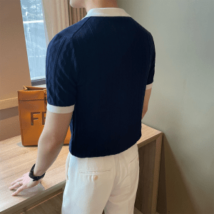 Summer breathable Italian color-block light mature trendy men polo shirt V lapels stretch jacquard texture slim fit short sleeve knit – Image 5
