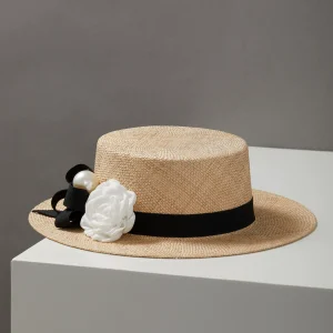 In summer, raffia top hat treasure grass flat brim hat women's French small fragrance retro elegant shade vacation – Image 3