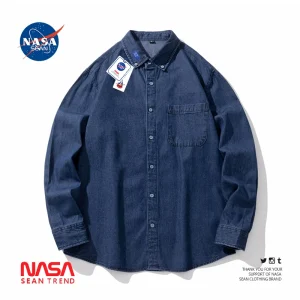 NASA co-branded Japanese retro solid color long-sleeved denim shirt, men's spring trendy casual versatile shirt jacket – Image 4