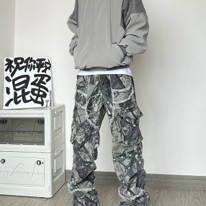 Lacquered raw edges, camouflage, cargo pants, retro American high street pants, men's niche design, vintage straight-leg pants – Image 3