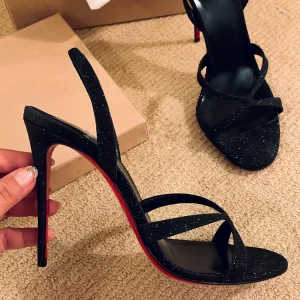 European and American new black sequins red soled shoes high heels feminine dating open toe stiletto strappy sandals summer – Image 3