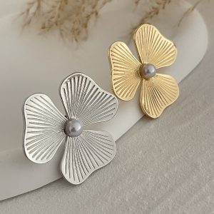 European and American cross-border fashion ins style inlaid imitation pearl flower ring ring simple liquid metal pleated ring – Image 6