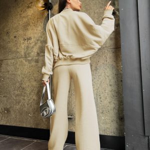 Cross-border European and American solid color zipper cardigan sweatshirt women's fashion casual straight pants set – Image 3