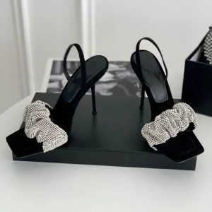 New 2024 big power power with high heels open toe sexy leather stiletto rhinestone straight strap square toe sandals women – Image 3