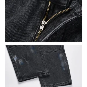 CWHAT high street splash ink graffiti ripped patch retro trendy brand distressed loose straight lumber pants jeans men – Image 5