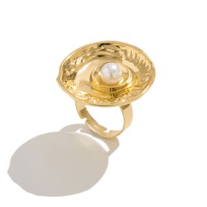 European and American cross-border fashion ins style inlaid imitation pearl flower ring ring simple liquid metal pleated ring – Image 5