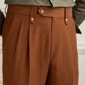 Mr. Lusan summer gentleman cotton linen high-waisted straight leg slacks men's British versatile breathable fashion Italian pants – Image 3