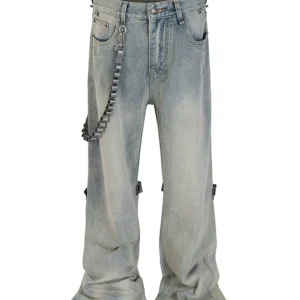 CWHAT high street detachable leather chain tie yellow wash distressed casual relaxed straight-leg raw-hem jeans – Image 4