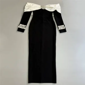 European and American temperament, one-shoulder dress, black and white color-blocked diamonds, flowers, elegant slim fit, stretch banquet bandage dress – Image 4