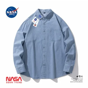 NASA co-branded Japanese retro solid color long-sleeved denim shirt, men's spring trendy casual versatile shirt jacket – Image 3