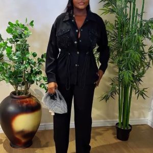 African women's suit, women's cross-border Amazon, European and American temperament, waist shirt, long-sleeved cardigan, trousers two-piece set – Image 3