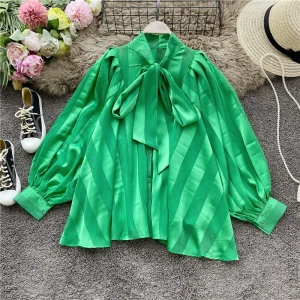 Temperament, celebrity design, niche bow chiffon shirt, women's super fairy balloon sleeves, foreign style, mid-length long-sleeved top – Image 3