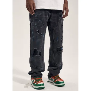 CWHAT high street splash ink graffiti ripped patch retro trendy brand distressed loose straight lumber pants jeans men