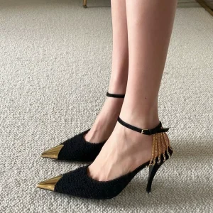 High heels ceiling! Metal toe chain high heels pointed toe stiletto heel sexy genuine leather banquet ladies single shoes women – Image 3