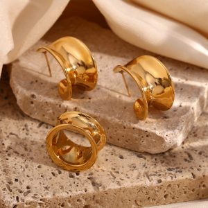 European and American fashion niche design popular glossy rings, stainless steel, 18K gold plating, casting hook groove earrings, women – Image 3