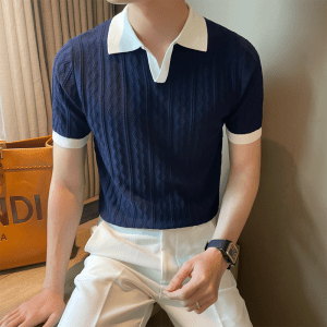 Summer breathable Italian color-block light mature trendy men polo shirt V lapels stretch jacquard texture slim fit short sleeve knit – Image 3