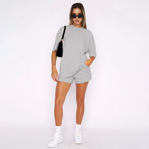 211299 new polyester cotton solid color round neck pullover mid sleeve top European and American women's fashion casual shorts suit summer – Image 4