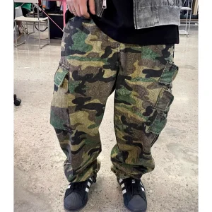 Zheng millet contrasting thick line embroidery camouflage cashew flower three-dimensional multi-pocket cargo pants men's street skateboard tapered pants – Image 4