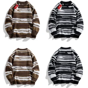 HM Striped Crew Neck Sweater Pullover Sweater for Men and Women Couple Japanese Retro Casual Slouchy Sweater – Image 3
