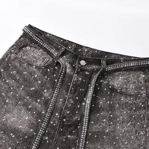 CWHAT retro AC style full of diamond print, hot diamond belt wash, distressed casual and relaxed trendy straight-leg jeans – Image 7