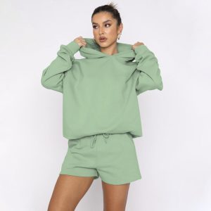 European and American Solid Color Pullover Hooded Long Sleeve Sweatshirt Women's Fashion Casual Shorts Set – Image 6