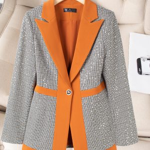 Early autumn suit, women's new temperament, high-end and noble, slim and thin, heavy sequins, professional checks, color-blocked suit – Image 4