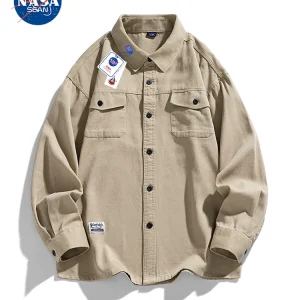 NASA co-branded American retro black cargo shirt, men's trendy brand washed cotton loose and versatile shirt jacket – Image 3