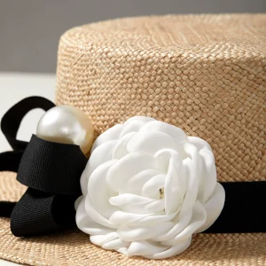 In summer, raffia top hat treasure grass flat brim hat women's French small fragrance retro elegant shade vacation – Image 4