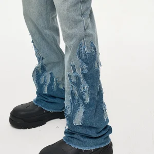CWHAT high street gallery style dept distressed cuffs flame patch micro flared jeans men's underwear – Image 3