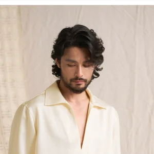 Satin CULTUM Deep V Lapel Gorgeous Heavy Twill Acetate Tencel Linen Shirt Men's Long Sleeve – Image 4